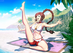 Rule 34 | 1girl, ass, avatar: the last airbender, avatar legends, beach, beach towel, bikini, bird, breasts, brown hair, choker, covered erect nipples, feet, genzoman, gluteal fold, grey eyes, hairband, large breasts, leg up, long hair, midriff, nipples, palm tree, ponytail, red choker, red hairband, red shorts, revealing clothes, seagull, shorts, smile, spread legs, swimsuit, toned, towel, tree, ty lee, white bikini