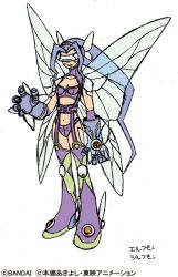 Rule 34 | 1girl, bandai, boots, breasts, butterfly wings, cleavage, concept art, covered eyes, digimon, digimon frontier, fairimon, fairy, fairy wings, full body, gloves, insect wings, official art, simple background, sketch, small breasts, smile, solo, translation request, wings