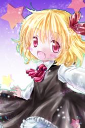 Rule 34 | 1girl, ascot, blonde hair, blush stickers, dress, fangs, gradient background, hair ribbon, light particles, long sleeves, looking at viewer, open mouth, outstretched arm, red eyes, ribbon, rumia, shadow, short hair, solo, star (symbol), touhou, tsukiori sasa