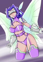 Rule 34 | 1girl, artist request, ass, curvy, digimon, fairimon, fairy, fairy wings, female focus, gloves, highres, long hair, mask, purple hair, revealing clothes, solo, thong, wide hips, wings