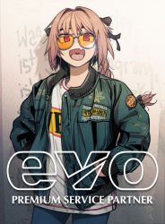 Rule 34 | 1boy, astolfo (fate), bad id, bad pixiv id, braid, cowboy shot, denim, english text, fang, fate/grand order, fate (series), grey background, hair intakes, hair ribbon, hands in pockets, jacket, jeans, male focus, monamin, open mouth, pants, patch, pink hair, pocket, ponytail, red eyes, ribbon, shirt, single braid, solo, standing, sunglasses, t-shirt, tinted eyewear, trap, uvula, yellow-tinted eyewear, zipper