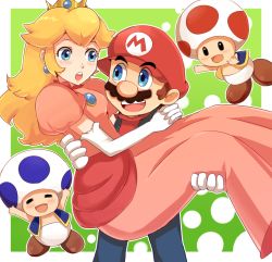 Rule 34 | 1boy, 1girl, blonde hair, blue eyes, blush, border, brown hair, carrying, closed eyes, couple, crown, dress, earrings, elbow gloves, gloves, happy, hat, hetero, highres, jewelry, long hair, mario, mario (series), mini crown, nintendo, outline, outside border, overalls, princess, princess carry, princess peach, puffy short sleeves, puffy sleeves, short hair, short sleeves, simple background, smile, super mario bros. 1, toad (mario), white border, white gloves