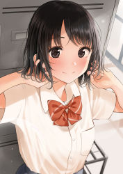 Rule 34 | 1girl, black eyes, black hair, blush, bow, closed mouth, collared shirt, commentary request, diagonal stripes, dress shirt, eyebrows hidden by hair, getabako, hands in hair, hands up, highres, indoors, kentaurosu, looking at viewer, mole, mole under eye, original, red bow, school uniform, shirt, short hair, smile, solo, standing, striped, striped bow, white shirt, window