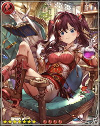 Rule 34 | 10s, 1girl, blue eyes, book, boots, breasts, brown hair, card (medium), chair, chemistry, cleavage, corset, cross-laced footwear, earrings, heart, heart necklace, ichinose shiki, idolmaster, idolmaster cinderella girls, jewelry, lace-up boots, long hair, necklace, official art, shingeki no bahamut, skirt, solo, twintails, two side up
