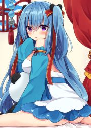 Rule 34 | 1girl, ass, bare shoulders, blue hair, blue sleeves, blush, bow, breasts, commentary request, curtains, day, detached sleeves, dress, from behind, hair between eyes, hair bow, indoors, long hair, long sleeves, looking at viewer, looking back, maki soutoki, medium breasts, original, parted lips, puffy long sleeves, puffy sleeves, purple eyes, red bow, round window, sleeves past fingers, sleeves past wrists, two side up, very long hair, white dress, window