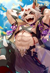 1boy abs arataki_itto bara blue_sky bracelet cloud club_(weapon) commentary_request fangs genshin_impact highres holding holding_club holding_weapon horns incoming_attack jewelry male_focus muscular muscular_male oni open_mouth pectorals red_eyes shokun_2 signature sky smile spiked_belt spiked_bracelet spikes weapon white_hair