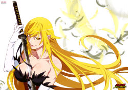 Rule 34 | 10s, 1girl, absurdres, bare shoulders, between breasts, blonde hair, breasts, cleaned, cleavage, elbow gloves, feathers, gloves, highres, huge breasts, katana, kiss-shot acerola-orion heart-under-blade, kizumonogatari, long hair, looking at viewer, matching hair/eyes, monogatari (series), official art, oshino shinobu, pointy ears, simple background, slit pupils, smile, solo, sword, very long hair, watanabe akio, weapon, white gloves, yellow eyes