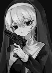 Rule 34 | 1girl, black background, closed mouth, coif, eyelashes, greyscale, gun, habit, hair between eyes, hand up, handgun, highres, holding, holding gun, holding weapon, long sleeves, looking at viewer, mole, mole under eye, mole under mouth, monochrome, nun, original, revision, shiona (siona0625), simple background, solo, traditional nun, upper body, veil, weapon