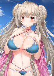 Rule 34 | 1girl, absurdres, ahoge, azur lane, bare arms, bare shoulders, bikini, blue bikini, blue sky, braid, braided bun, breasts, choker, cleavage, closed mouth, collarbone, commentary request, cowboy shot, day, double bun, feathered wings, formidable (azur lane), formidable (the lady of the beach) (azur lane), frown, gluteal fold, groin, hair bun, halterneck, hand on own chest, hands up, has bad revision, highres, kurigura (sketch san), large breasts, long hair, looking at viewer, navel, ocean, red eyes, silver hair, skindentation, sky, solo, swimsuit, tan, tanline, twin braids, twintails, very long hair, wings