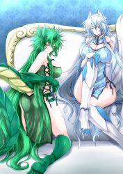 Rule 34 | 2girls, blue dress, blue hair, breasts, claws, cleavage, closed mouth, couch, dragon girl, dragon horns, dragon tail, dress, g (genesis1556), green dress, green eyes, green hair, hand on own knee, heterochromia, highres, horns, huge breasts, karutia (g (genesis1556)), kneeling, long hair, looking at viewer, looking back, lutian (g (genesis1556)), monster girl, multicolored hair, multiple girls, no panties, on couch, original, red eyes, sideless outfit, sitting, smile, streaked hair, tail, two-tone hair, white hair, yellow eyes