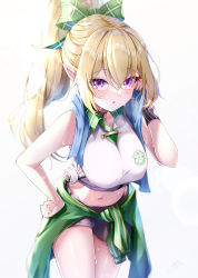 Rule 34 | 1girl, :o, absurdres, black shorts, blonde hair, blue towel, blush, bow, breasts, chloe (princess connect!), chloe (school festival) (princess connect!), clothes around waist, collared shirt, commentary request, green bow, green jacket, hair bow, hand on own hip, highres, jacket, jacket around waist, large breasts, leaning forward, long hair, looking at viewer, navel, pointy ears, ponytail, princess connect!, purple eyes, shirt, short shorts, shorts, sidelocks, simple background, sleeveless, sleeveless shirt, solo, standing, sweat, takemura kou, thighs, tied shirt, towel, towel around neck, white background, white shirt, wrist cuffs