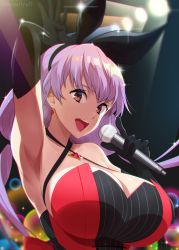 Rule 34 | 1girl, absurdres, arm up, armpits, black gloves, blush, breasts, criss-cross halter, earrings, elbow gloves, gloves, hair ribbon, halterneck, highres, jewelry, kyokou suiri, large breasts, light purple hair, long hair, looking at viewer, low twintails, mattari yufi, microphone, nanase karin (kyokou suiri), open mouth, red eyes, ribbon, smile, solo, twintails