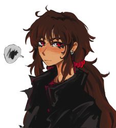 Rule 34 | 1girl, alternate costume, black jacket, blush, brown hair, closed mouth, danganronpa (series), danganronpa v3: killing harmony, earrings, hair ornament, hair scrunchie, harukawa maki, highres, jacket, jewelry, long hair, low twintails, messy hair, red eyes, red scrunchie, red shirt, scrunchie, shirt, simple background, solo, spoken squiggle, squiggle, twintails, upper body, vhsghostricks, white background