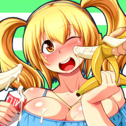 Rule 34 | 1girl, banana, blonde hair, breasts, cleavage, cream, food, fruit, headphones, jewelry, large breasts, long hair, necklace, nitroplus, nokoppa, one eye closed, sexually suggestive, solo focus, super pochaco, twintails, wink, yellow eyes
