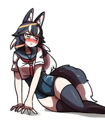 Rule 34 | 10s, 1girl, absurdres, alternate costume, animal ears, blue eyes, blush, commentary request, crop top, embarrassed, grey hair, grey wolf (kemono friends), heterochromia, highres, kemono friends, long hair, lying, mira shamaliyy, multicolored hair, neckerchief, nose blush, on side, sailor collar, school swimsuit, school uniform, serafuku, short sleeves, solo, swimsuit, swimsuit under clothes, tail, thighhighs, white hair, wolf ears, wolf tail, yellow eyes, zettai ryouiki
