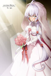 Rule 34 | 1girl, ahoge, blush, bouquet, breasts, bridal veil, bride, cleavage, dress, flower, hair flower, hair ornament, hair scrunchie, indoors, large breasts, long hair, looking at viewer, open mouth, purple eyes, rose, scrunchie, senki zesshou symphogear, solo, uganda (ugandam 00), veil, wedding dress, white hair, yukine chris