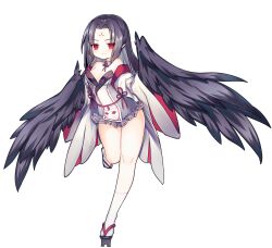 Rule 34 | 1girl, ao jun, ark order, black feathers, black hair, black wings, breasts, detached collar, detached sleeves, dress, facial mark, falling feathers, feathered wings, feathers, forehead mark, full body, geta, harpy, karasu tengu (ark order), long hair, long sleeves, looking at viewer, medium breasts, monster girl, official art, one side up, red eyes, sidelocks, solo, tachi-e, third-party source, transparent background, white dress, wide sleeves, winged arms, wings