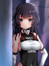 Rule 34 | 1girl, agatsuma kaede, alice gear aegis, bare shoulders, black eyes, blunt bangs, blush, closed mouth, commentary request, covered navel, doyouwantto, elbow gloves, gloves, leotard, long hair, looking at viewer, signature, solo, white gloves