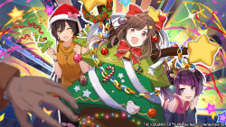Rule 34 | 3girls, :d, ^ ^, animal ears, antlers, arms up, bare shoulders, bell, black pants, blunt bangs, bow, bowtie, brown eyes, brown hair, candy, christmas, christmas lights, christmas ornaments, christmas tree, christmas tree costume, christmas wreath, closed eyes, clothing cutout, commentary request, confetti, covering own mouth, deer ears, diagonal bangs, emphasis lines, food, game cg, garland (decoration), hair bow, hand over own mouth, hat, highres, holding, hood, hoodie, horns, idolmaster, idolmaster shiny colors, long hair, long sleeves, multiple girls, nail polish, neck bell, o/, official art, open mouth, orange sweater, outstretched arms, pants, ponytail, purple eyes, purple hair, purple nails, red bow, red bowtie, reindeer antlers, ribbed sweater, santa hat, shirase sakuya, short twintails, shoulder cutout, sidelocks, sleeveless, smile, sparkle, star (symbol), streamers, sweater, tanaka mamimi, tsukioka kogane, twintails, v-shaped eyebrows, wreath