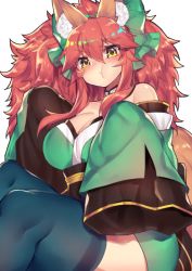 Rule 34 | &gt;:t, 10s, 1girl, :t, alternate color, animal ear fluff, animal ears, blue legwear, bow, breasts, fate/extra, fate/grand order, fate (series), fox ears, fox tail, hair bow, japanese clothes, large breasts, long hair, messy hair, osiimi, oversized clothes, pink hair, pout, simple background, solo, tail, tamamo (fate), tamamo no mae (fate/extra), v-shaped eyebrows, very long hair, white background, yellow eyes