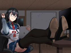Rule 34 | 1girl, black footwear, black hair, black thighhighs, blue skirt, chair, closed mouth, crossed legs, frown, glasses, hairband, high heels, highres, hip vent, holding, indoors, kantai collection, long hair, long sleeves, necktie, office chair, ooyodo (kancolle), pleated skirt, red necktie, sailor collar, school uniform, serafuku, shoe soles, sitting, skirt, solo, stylus, swivel chair, table, tablet pc, thighhighs, tussy