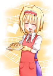 Rule 34 | 1girl, ^ ^, alice margatroid, apron, blonde hair, closed eyes, dress shirt, closed eyes, fang, female focus, food, hairband, heart, musical note, open mouth, oven mitts, pie, ribbon, shirt, short hair, smile, solo, takorice, touhou