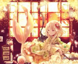 Rule 34 | 1girl, ball, book, bottle, drawer, fins, fireworks, fish, fish tail, hair ornament, japanese clothes, jar, marble (toy), misa (kaeruhitode), original, pocket watch, solo, tail, watch, window
