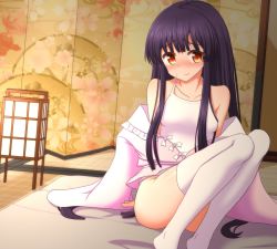Rule 34 | 1girl, bare shoulders, bed sheet, black hair, blush, breasts, brown eyes, camisole, closed mouth, commentary request, highres, houraisan kaguya, indoors, japanese clothes, kimono, long hair, looking at viewer, no pants, nose blush, sidelocks, sitting, small breasts, solo, sweat, teoi (good chaos), thighhighs, thighs, touhou, very long hair, white thighhighs