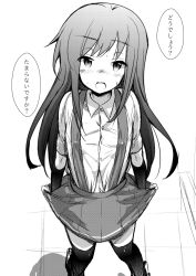 Rule 34 | 10s, 1girl, age progression, aikura (twilight dusk), asashio (kancolle), blush, buttons, comic, eyebrows, fingerless gloves, gloves, greyscale, kantai collection, long hair, looking at viewer, monochrome, navel, open mouth, over-kneehighs, school uniform, skirt hold, solo, suspenders, thighhighs, translated