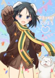 Rule 34 | 1girl, animal ears, bandaid, bandaid on face, black eyes, black hair, brave witches, dated, dog, dog ears, fang, gloves, happy birthday, hato ni olive teppou, jacket, kanno naoe, long sleeves, military uniform, open mouth, panties, scarf, short hair, solo, underwear, uniform, world witches series