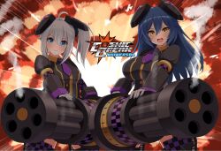 Rule 34 | 2girls, animal ears, blue eyes, blue hair, breasts, checkered clothes, copyright name, cosmic break, cosplay, explosion, fake animal ears, gatling gun, gloves, gun, high side ponytail, highres, holding, holding gun, holding weapon, jester, large breasts, light blue hair, logo, long hair, looking at viewer, mecha musume, multiple girls, necktie, open mouth, patty lop, patty lop (cosplay), rabbit ears, rexaws, robot ears, smile, smoke, smoking barrel, thighhighs, weapon, white gloves, yellow eyes