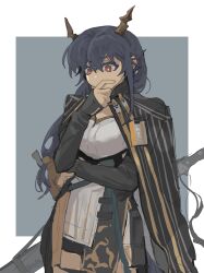 Rule 34 | 1girl, absurdres, arknights, black cape, blue hair, bright pupils, cape, ch&#039;en (arknights), chinese commentary, commentary request, cowboy shot, grey background, hand to own mouth, highres, horns, id card, long hair, long sleeves, red eyes, shirt, sleeves past wrists, solo, sword, two-tone background, weapon, white pupils, white shirt, wings, yanlingjinshilihuahua