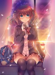 Rule 34 | 1girl, aoki kaede, badge, bag, black thighhighs, blazer, blush, bow, bowtie, breasts, brown hair, brown jacket, button badge, cardigan, cellphone, closed mouth, cloud, collared shirt, commentary request, curtains, diffraction spikes, dress shirt, falling petals, glowing, glowing petals, gradient sky, green eyes, green ribbon, hair between eyes, hair ribbon, holding, holding phone, indoors, jacket, large breasts, light particles, looking at viewer, open clothes, open jacket, original, petals, phone, pink cardigan, plaid, plaid bow, plaid bowtie, plaid neckwear, plaid skirt, red bow, red bowtie, red skirt, ribbon, school bag, shiny clothes, shirt, sitting, skirt, sky, smartphone, smile, smiley face, solo, star (sky), starry sky, sunset, suzunone rena, thighhighs, two side up, v-neck, white shirt, window, windowsill