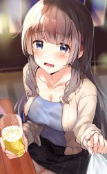 Rule 34 | 1girl, alcohol, beer, black bra, black skirt, blue shirt, bra, breasts, brown hair, brown jacket, cleavage, clothes grab, collarbone, cup, glass, graphite (medium), highres, holding, holding cup, jacket, lace, lace-trimmed bra, lace trim, long hair, medium breasts, monoto, original, purple eyes, see-through, shirt, sidelocks, sitting, skirt, sleeve grab, solo, table, tears, traditional media, underwear, wavy mouth, window