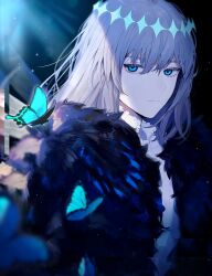 Rule 34 | 1boy, absurdres, blue eyes, bug, butterfly, cloak, collar, collared shirt, colored eyelashes, diamond hairband, expressionless, eyelashes, fate/grand order, fate (series), frilled collar, frills, fur trim, grey hair, highres, insect, kurage ramune, light particles, looking at viewer, male focus, medium hair, oberon (fate), oberon (third ascension) (fate), shirt, solo, sunlight, white shirt