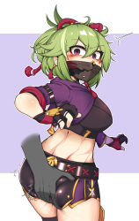 Rule 34 | 1girl, absurdres, ass, ass grab, blush, breasts, deep skin, from behind, genshin impact, gloves, green hair, hair ornament, hand on another&#039;s ass, highres, kuki shinobu, long hair, looking at viewer, looking back, male hand, mask, medium breasts, mucu, ninja, ponytail, purple eyes, rope, shimenawa, shiny clothes, shiny skin, short shorts, shorts, sideboob, solo, surprised, thighhighs