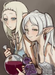 Rule 34 | 2girls, bakara, blonde hair, blue eyes, bottle, closed mouth, crossover, dofus, earrings, elf, flask, frieren, green eyes, holding, holding bottle, jewelry, long hair, looking at viewer, mossacannibalis, multiple girls, parted bangs, pointy ears, round-bottom flask, short eyebrows, smile, sousou no frieren, twintails, white hair