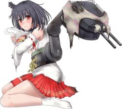 Rule 34 | 10s, 1girl, bag, black hair, blanket, detached sleeves, floral print, frown, full body, hair ornament, headgear, japanese clothes, kantai collection, kneeling, looking at viewer, lowres, miko, nontraditional miko, official art, red eyes, rikka (rikka331), sandals, shopping bag, short hair, solo, torn clothes, transparent background, turret, wide sleeves, yamashiro (kancolle)