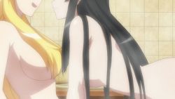 Rule 34 | 10s, 2girls, animated, animated gif, ass, ben-tou, black hair, blonde hair, blue eyes, blush, breasts, censored, convenient censoring, female focus, glasses, hair censor, hair over breasts, large breasts, long hair, multiple girls, nude, open mouth, shaga ayame, shiraume ume, steam, water, yuri