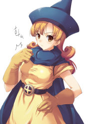 Rule 34 | 1girl, alena (dq4), belt, cape, chunsoft, dragon quest, dragon quest iv, dress, earrings, enix, gloves, hand on own hip, hat, jewelry, long hair, looking at viewer, orange hair, parted bangs, red hair, simple background, solo, tomose shunsaku, white background, yellow dress, yellow gloves