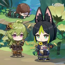 Rule 34 | !, 1girl, 2boys, ahoge, animal ear fluff, animal ears, black footwear, black gloves, black hair, brown hair, chibi, collei (genshin impact), commentary, copyright name, crossed bangs, earrings, english commentary, flower, full body, genshin impact, gloves, green hair, hair ornament, highres, jewelry, multiple boys, official art, on ground, outdoors, parted lips, pink eyes, plant, shaded face, short hair, standing, tail, tassel, thighhighs, tighnari (genshin impact), vision (genshin impact), yellow flower