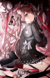 Rule 34 | 1girl, animal ears, bell, black bow, black gloves, blush, bow, closed mouth, copyright request, gloves, hair bow, hair ornament, hair ribbon, hand up, highres, lipstick, long hair, long sleeves, looking at viewer, looking back, makeup, pink hair, ribbon, sa jitsu, shoes, sitting, socks, solo, tail, tail bell, tail ornament, touno riona, virtual youtuber, wariza, white ribbon, yellow eyes
