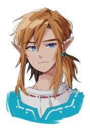 Rule 34 | 1boy, blonde hair, blue eyes, blue tunic, earrings, hair between eyes, hanaberin, highres, jewelry, link, looking at viewer, low poly, male focus, medium hair, nintendo, pointy ears, portrait, shirt, sidelocks, solo, the legend of zelda, the legend of zelda: breath of the wild, twitter username, white background, white shirt