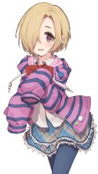 Rule 34 | 1girl, :d, blonde hair, blue pantyhose, bow, bowtie, drawstring, ear piercing, earclip, hair over one eye, highres, hood, hood down, hooded jacket, idolmaster, idolmaster cinderella girls, jacket, looking at viewer, open mouth, pantyhose, piercing, plaid, plaid skirt, red bow, red bowtie, shirasaka koume, shirt, shone, short hair, simple background, skirt, sleeves past fingers, sleeves past wrists, smile, solo, striped clothes, striped jacket, very long sleeves, white background, white shirt, wing collar