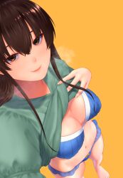 Rule 34 | 1girl, a mezashi, barefoot, bikini, bikini under clothes, breasts, brown eyes, brown hair, cleavage, closed mouth, clothes lift, curvy, from above, green shirt, hair between eyes, heavy breathing, highres, large breasts, lifting own clothes, light smile, long hair, looking at viewer, navel, original, shirt, shirt lift, simple background, smile, solo, swimsuit, thighs, underwear, yellow background