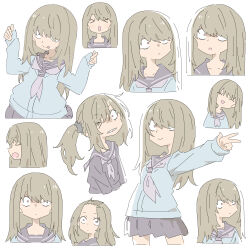 Rule 34 | &gt; &lt;, 1girl, :p, absurdres, bangs pinned back, blue cardigan, cardigan, character sheet, cropped torso, expressions, female focus, flat color, grey hair, hair over eyes, head tilt, highres, long hair, looking at viewer, masikakuma, neckerchief, one eye closed, open mouth, original, pale color, school uniform, serafuku, side ponytail, simple background, skirt, smile, solo, tongue, tongue out, white background, wide-eyed