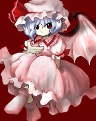 Rule 34 | 1girl, bat wings, blue hair, closed mouth, collared dress, dress, frilled dress, frills, full body, hand up, hat, highres, light blue hair, looking at viewer, medium hair, mob cap, no shoes, official style, pink dress, pink hat, pink socks, puffy short sleeves, puffy sleeves, red background, red eyes, red ribbon, remilia scarlet, ribbon, short sleeves, simple background, socks, solo, touhou, wings, yakumora n, zun (style)
