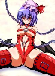 Rule 34 | 1girl, alternate breast size, arms behind back, bat wings, bdsm, blush, bondage, bondage outfit, bound, breasts, chain, clothing cutout, collar, cuffs, entangled, eyebrows, hat, large breasts, light purple hair, looking at viewer, low wings, navel, navel cutout, nose blush, off shoulder, red eyes, remilia scarlet, revealing clothes, short hair, sitting, skindentation, solo, spread legs, sweatdrop, teikoku gensui, thighhighs, touhou, wings