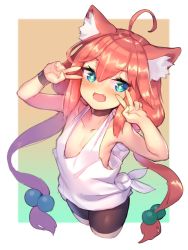 Rule 34 | 1girl, :d, absurdres, ahoge, animal ear fluff, animal ears, bare shoulders, bike shorts, black choker, blue eyes, cat ears, choker, commentary request, cowboy shot, diamond-shaped pupils, diamond (shape), double v, gradient background, hair between eyes, hands up, highres, hinata channel, looking at viewer, nekomiya hinata, open mouth, outside border, pink hair, shennai misha, shirt, smile, solo, standing, symbol-shaped pupils, twintails, v, virtual youtuber, white background, white shirt