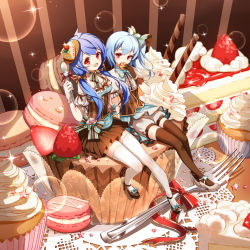 Rule 34 | 2girls, :d, ahoge, bili girl 22, bili girl 33, bilibili, blouse, blue bow, blue hair, blush, bow, breasts, brown footwear, brown gloves, brown legwear, brown skirt, cake, cake slice, center frills, closed mouth, clouble, commentary request, cookie, cupcake, doily, eating, food, food-themed hair ornament, footwear bow, fork, frills, fruit, full body, glint, gloves, hair between eyes, hair ornament, highres, holding, holding food, holding spoon, in food, legs together, macaron, mini person, minigirl, multiple girls, open mouth, pleated skirt, puffy short sleeves, puffy shorts, puffy sleeves, red eyes, shirt, shoes, short shorts, short sleeves, shorts, side-by-side, sitting, skirt, small breasts, smile, sparkle, spoon, star (symbol), strawberry, strawberry shortcake, striped, striped background, striped bow, thigh strap, thighhighs, underbust, vertical stripes, wafer stick, whipped cream, white footwear, white gloves, white legwear, white shirt, white shorts